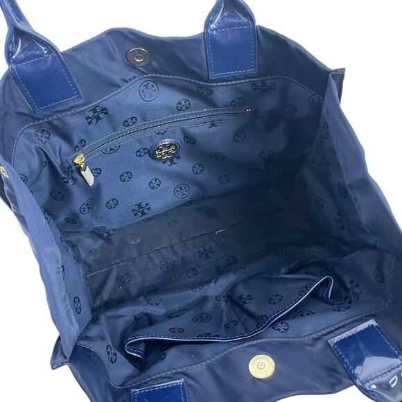 Tory Burch Small Ella Patent Leather Tote Bag Nylon Purse Navy Blue - Picture 8 of 11